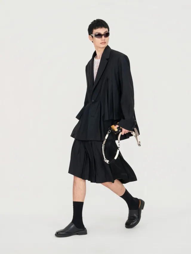 Feng Chen Wang Irregular Pleats blazer løs uld