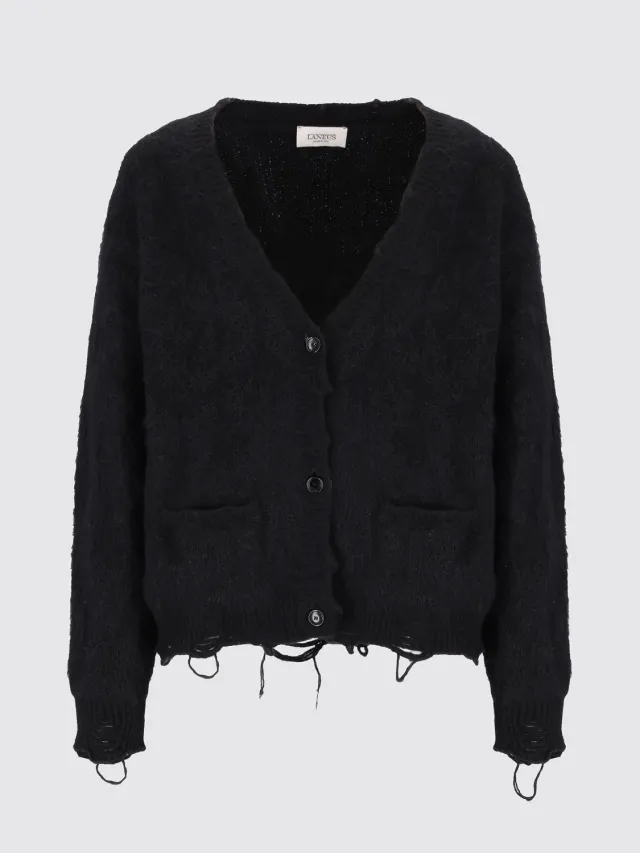 Laneus Knitted Leopard Jacquard Cardigan Black Spotted mohair
