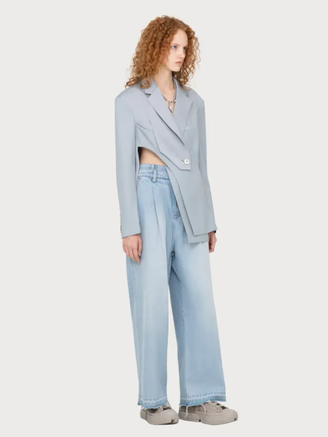 Feng Chen Wang Grey Satin Wool blazer grå XS-XL lagdelt
