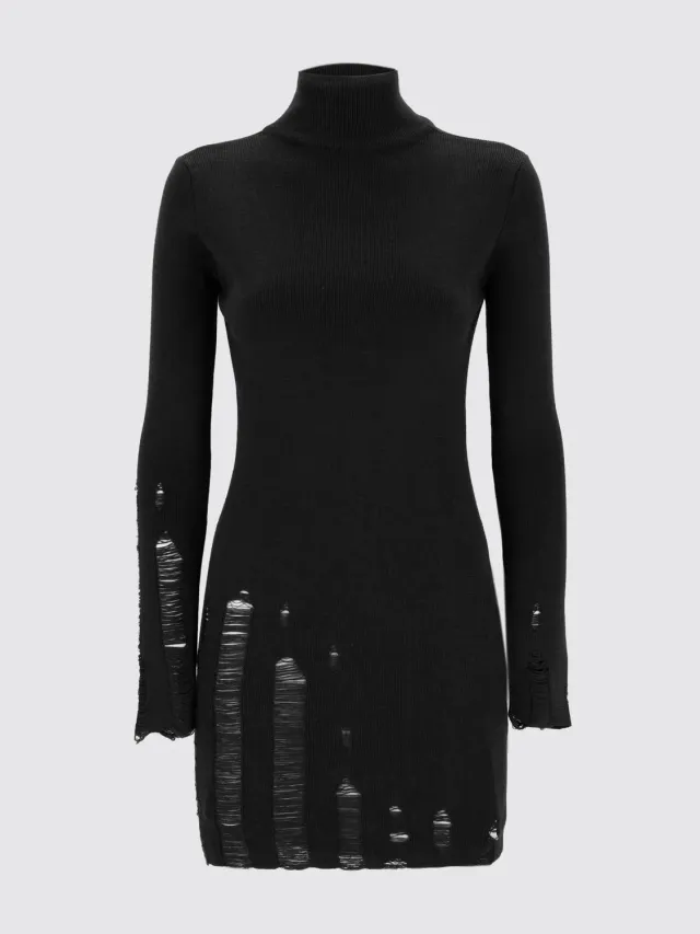 Laneus Destroyed Ribbed Turtleneck kjole sort merinould