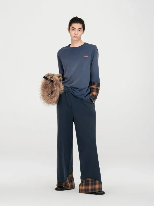 Feng Chen Wang Navy Plaid-Panel bukser ternet