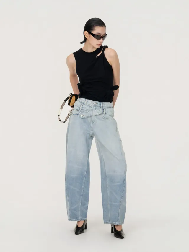 Feng Chen Wang Double Waist Denim Trousers denimbukser blå