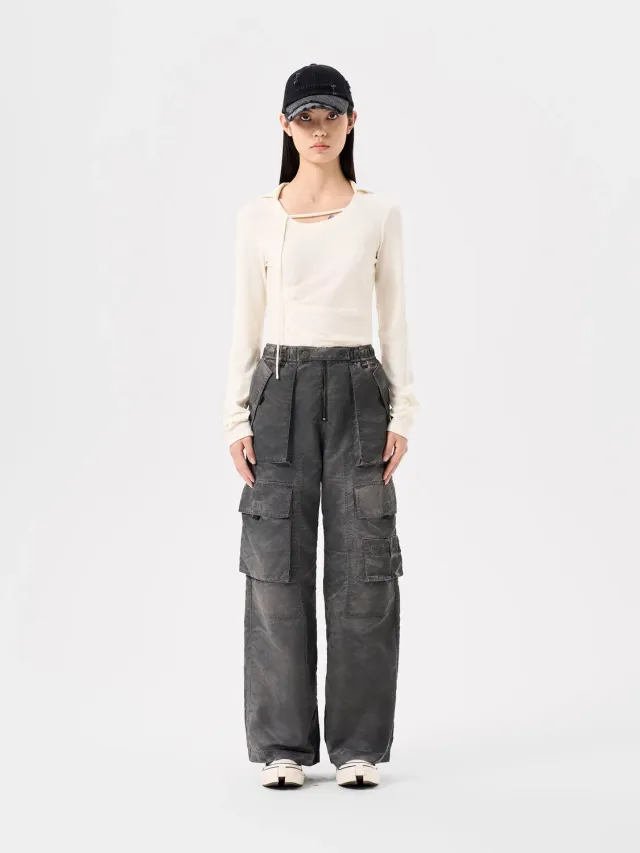 Feng Chen Wang Grey Sandwashed nylon cargobukser grå