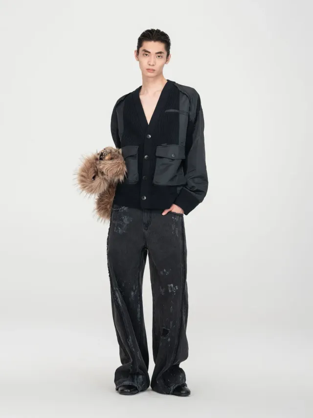 Feng Chen Wang Patchwork cardigan nylon sort mørkegrå