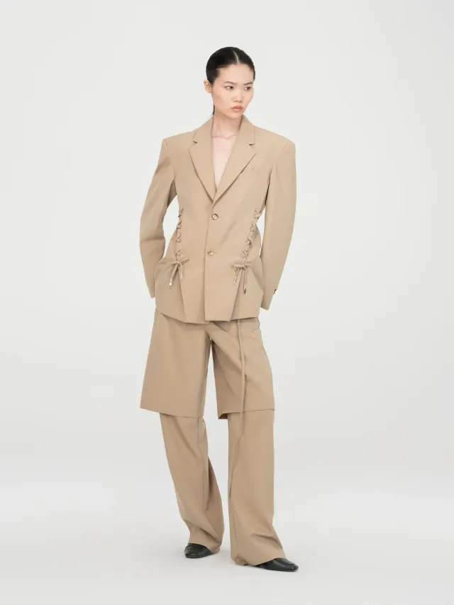 Feng Chen Wang Khaki Wool Rope-Tie blazer uld khaki