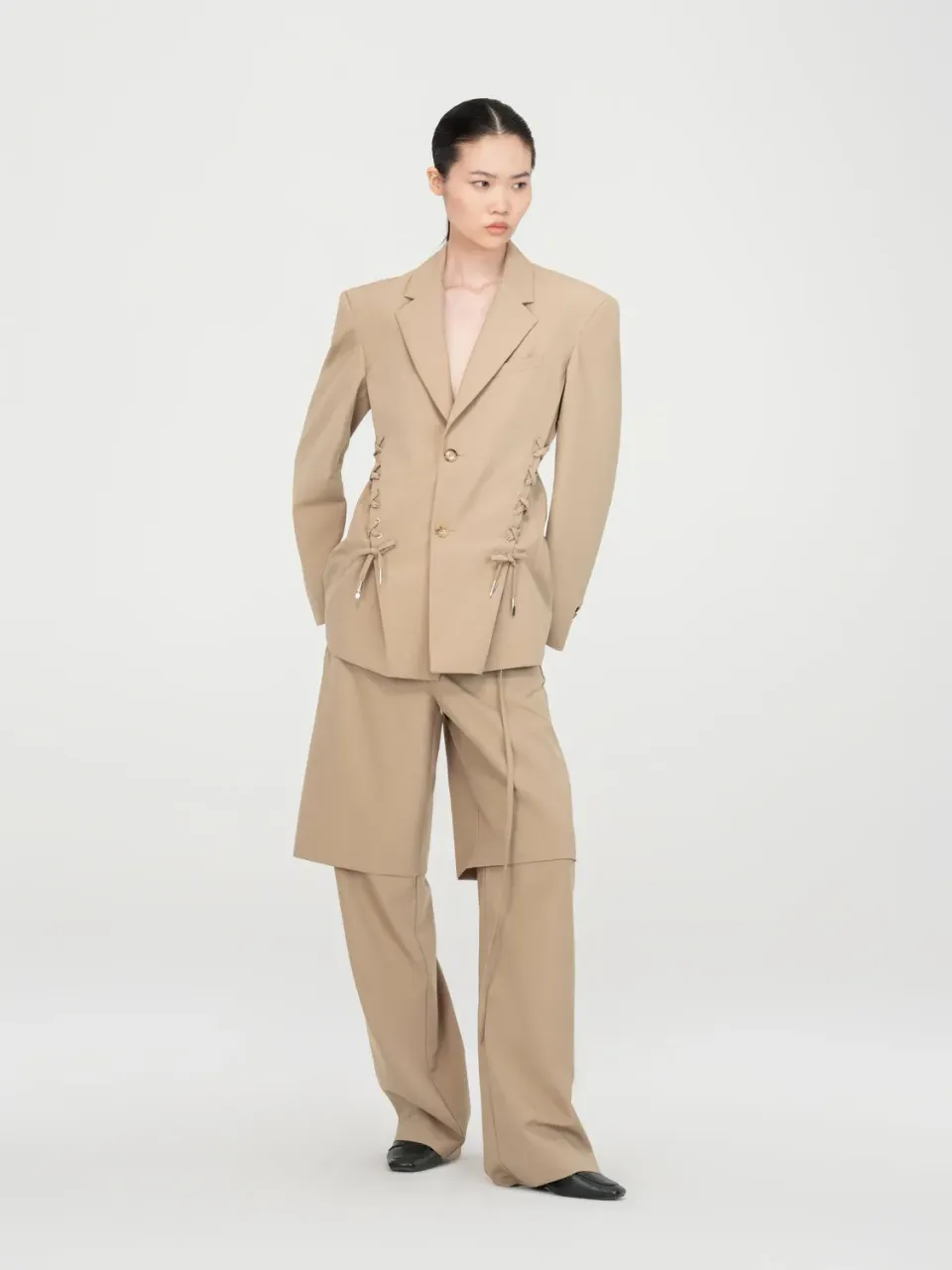 Feng Chen Wang Khaki Wool Rope-Tie blazer uld khaki