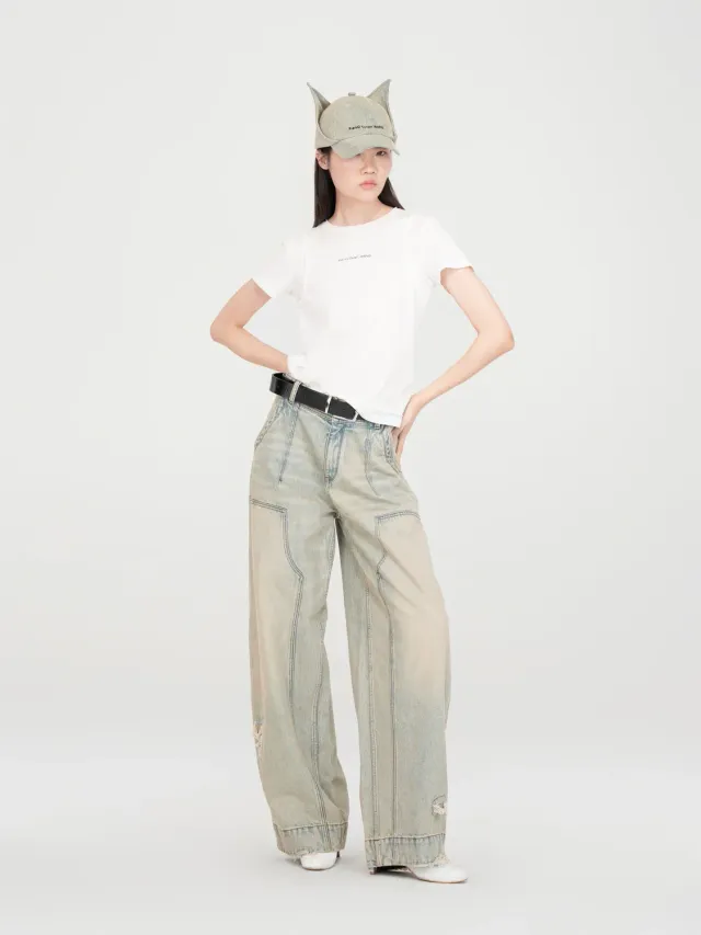 Feng Chen Wang Vintage Washed deconstructed jeans lyseblå
