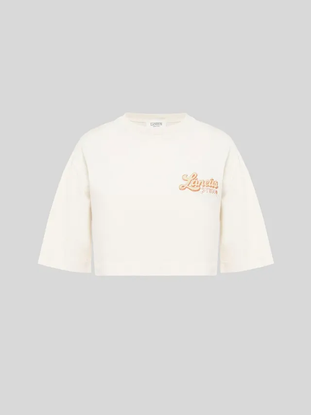 Laneus t-shirt boxy cream print bomuld