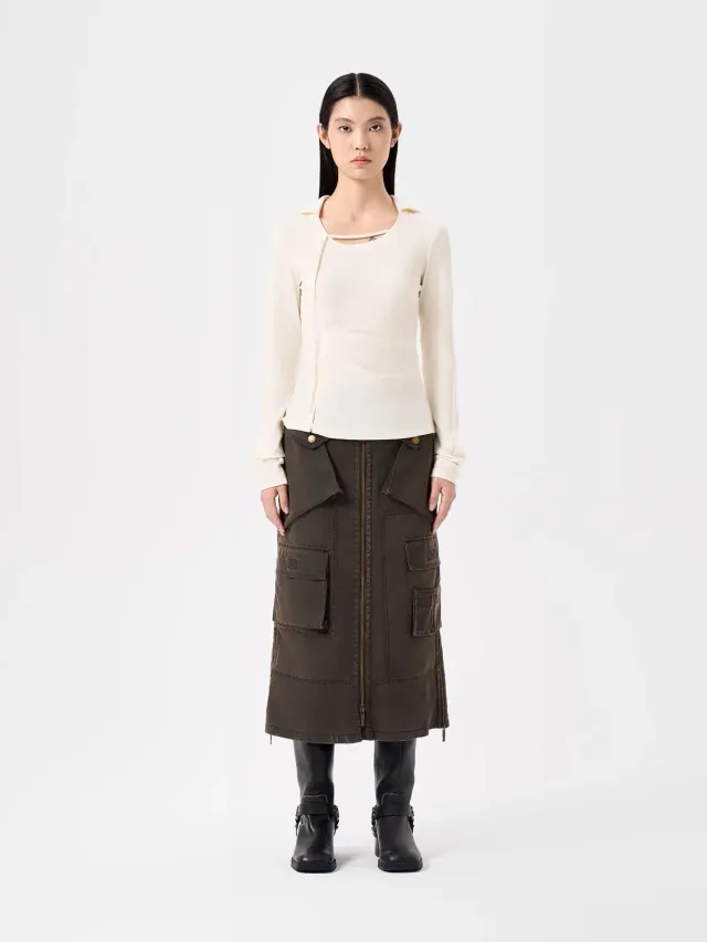 Feng Chen Wang Brown Zip-Up Utility nederdel brun nylon