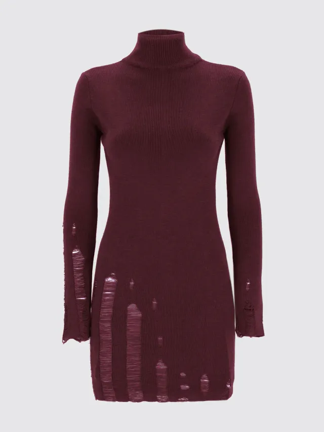 Laneus Destroyed turtleneck kjole bordeaux merinould