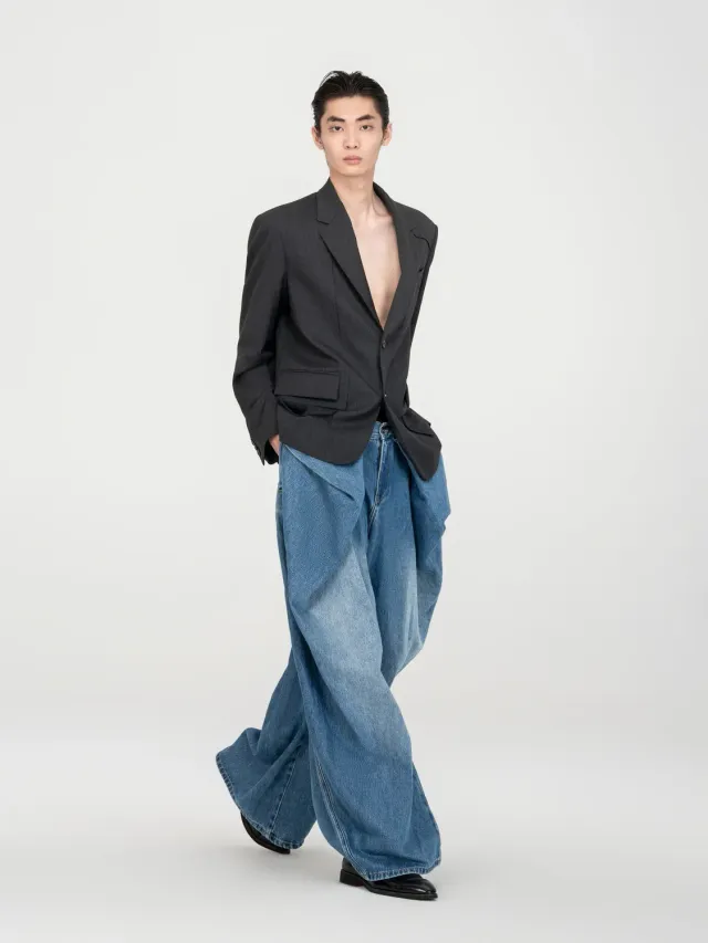 Feng Chen Wang Exposed Pocket blazer mørkegrå uld