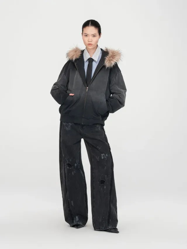 Feng Chen Wang fur-trim zip-up hoodie sort-grå