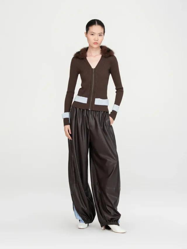 Feng Chen Wang Zip strikcardigan brun aftagelig pelskrave